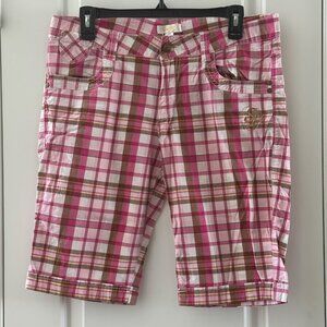 Pink & Brown Plaid Bermuda Shorts By Southpole Size 13 Cotton/Spandex Blend Embr
